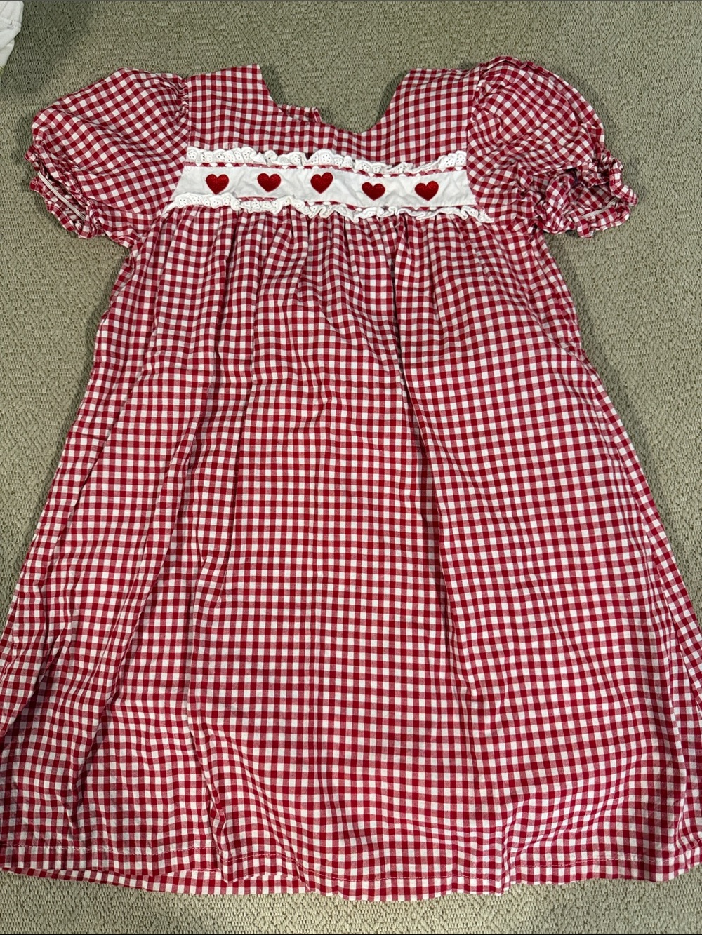 Red Gingham Heart-Trim Casual Kids Dress